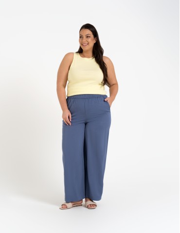Spodnie materiałowe - Spodnie damskie z wiskozy z szeroką nogawką i kieszeniami NIEBIESKI - produkt 7