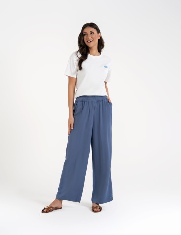 Spodnie materiałowe - Spodnie damskie z wiskozy z szeroką nogawką i kieszeniami NIEBIESKI - produkt 6