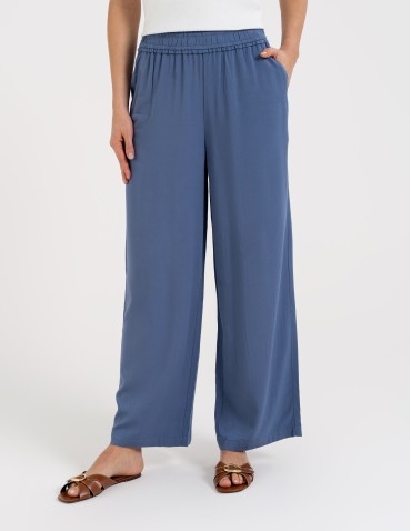 Spodnie materiałowe - Spodnie damskie z wiskozy z szeroką nogawką i kieszeniami NIEBIESKI - produkt 10