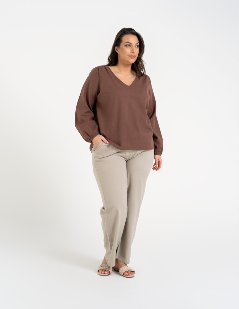 Bluzki z długim rękawem - Bluzka damska lniana casual z długim rękawem BRĄZOWY  - produkt moraj.pl 12