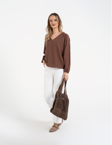 Bluzki z długim rękawem - Bluzka damska lniana casual z długim rękawem BRĄZOWY - produkt 3