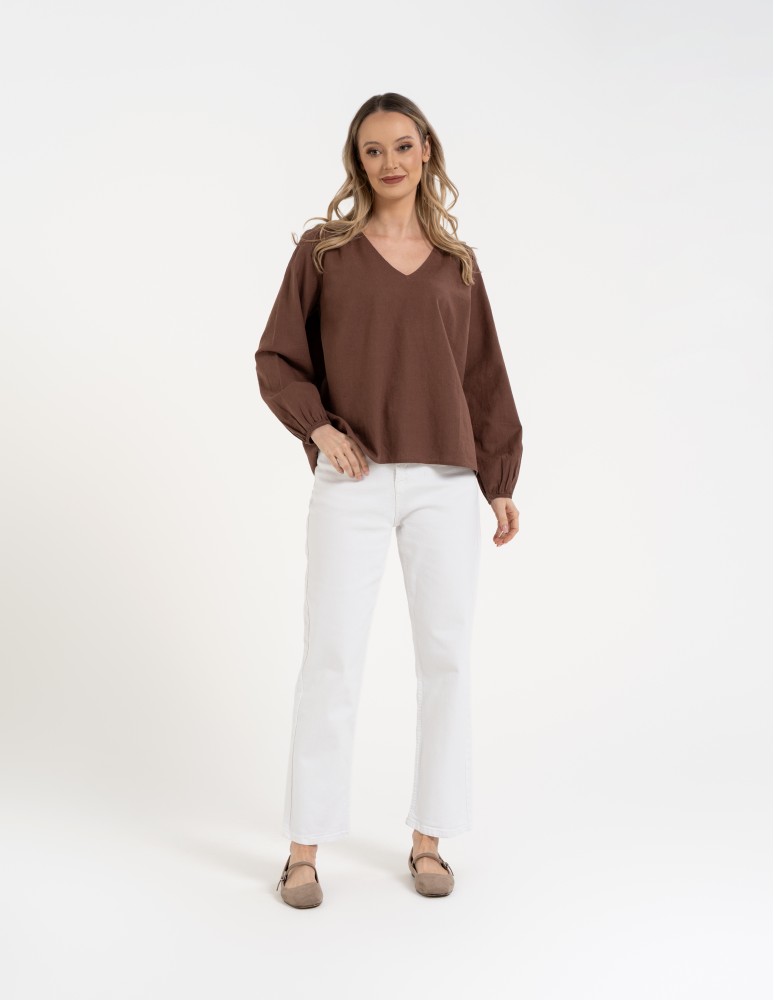 Bluzki z długim rękawem - Bluzka damska lniana casual z długim rękawem BRĄZOWY - produkt moraj.pl 1