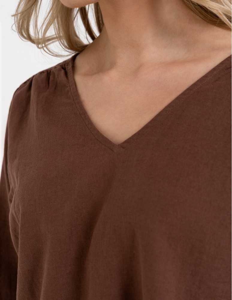 Bluzki z długim rękawem - Bluzka damska lniana casual z długim rękawem BRĄZOWY  - produkt moraj.pl 4