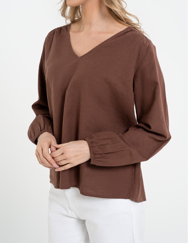 Bluzki z długim rękawem - Bluzka damska lniana casual z długim rękawem BRĄZOWY  - produkt moraj.pl 2