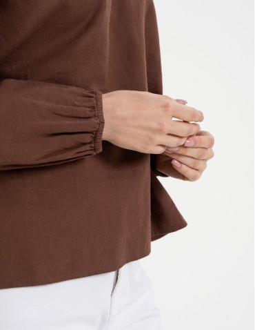 Bluzki z długim rękawem - Bluzka damska lniana casual z długim rękawem BRĄZOWY - produkt 5