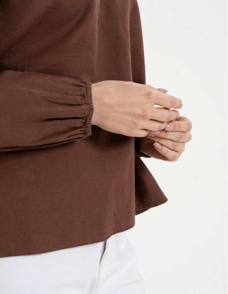 Bluzki z długim rękawem - Bluzka damska lniana casual z długim rękawem BRĄZOWY  - produkt moraj.pl 5