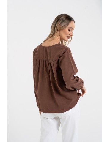 Bluzki z długim rękawem - Bluzka damska lniana casual z długim rękawem BRĄZOWY - produkt 7