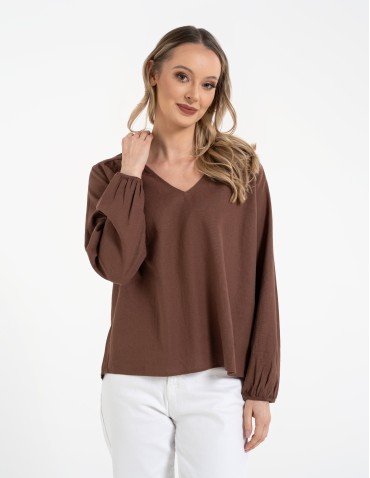 Bluzki z długim rękawem - Bluzka damska lniana casual z długim rękawem BRĄZOWY - produkt 6