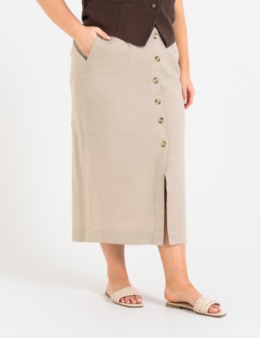 Spódnice midi - Spódnica damska midi casual z lnem i wiskozą BEŻOWY - produkt 10