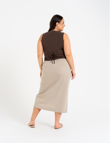 Spódnice midi - Spódnica damska midi casual z lnem i wiskozą BEŻOWY - produkt 11