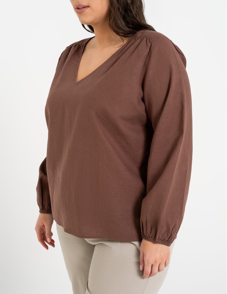 Bluzki z długim rękawem - Bluzka damska lniana casual z długim rękawem BRĄZOWY  - produkt moraj.pl 13