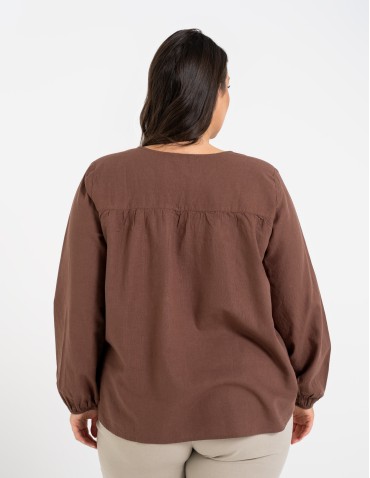 Bluzki z długim rękawem - Bluzka damska lniana casual z długim rękawem BRĄZOWY - produkt 17