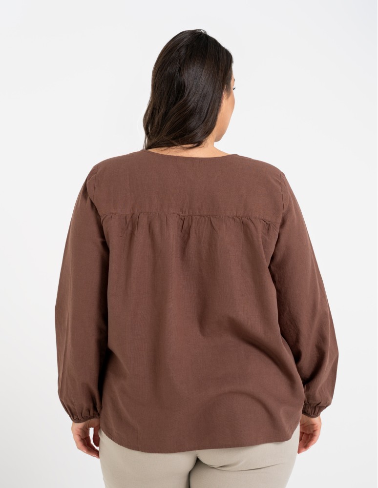 Bluzki z długim rękawem - Bluzka damska lniana casual z długim rękawem BRĄZOWY  - produkt moraj.pl 17