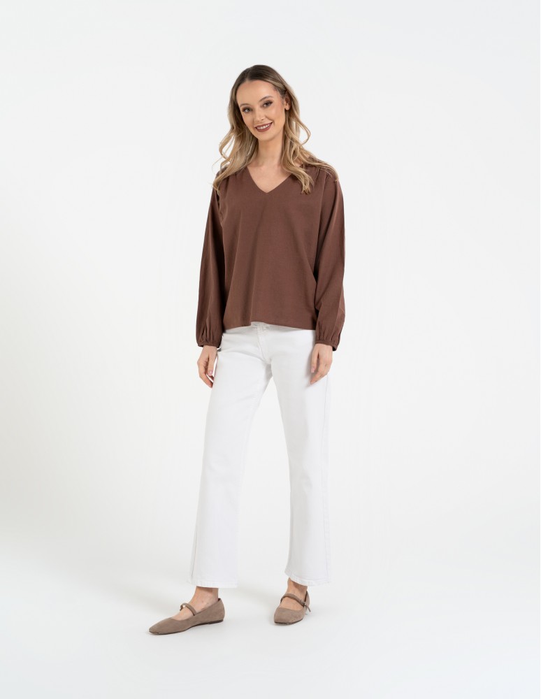 Bluzki z długim rękawem - Bluzka damska lniana casual z długim rękawem BRĄZOWY  - produkt moraj.pl 8