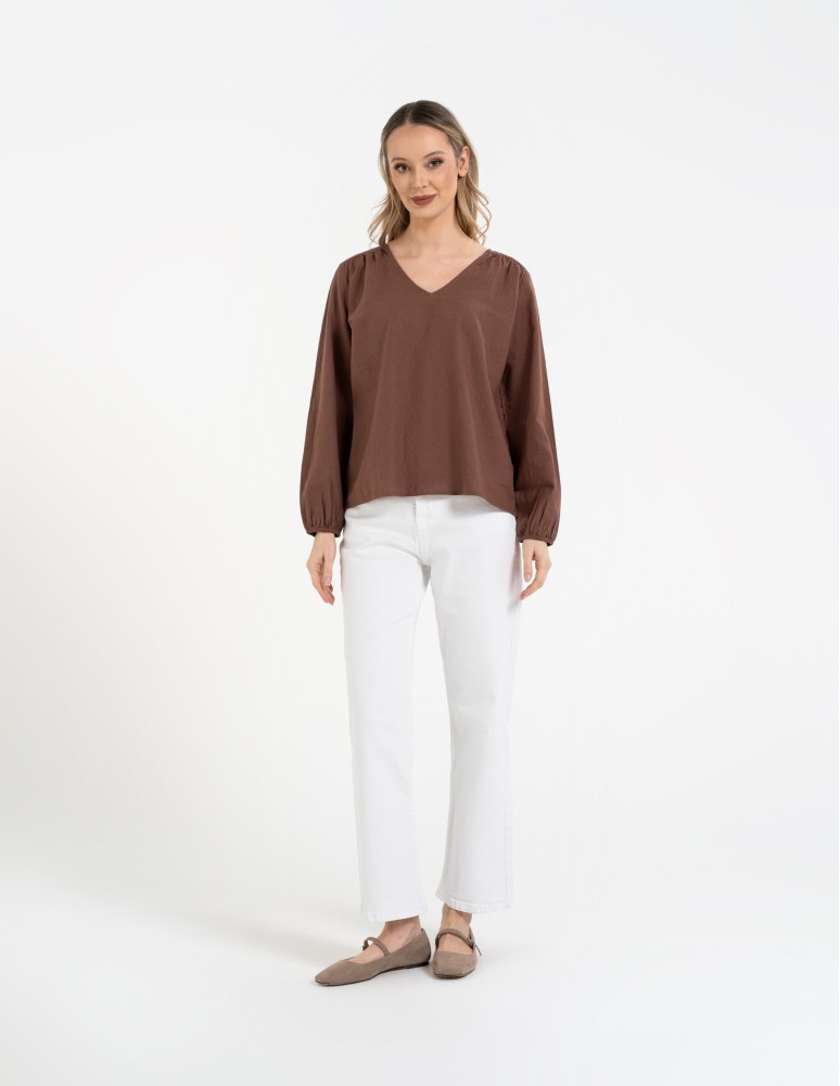 Bluzki z długim rękawem - Bluzka damska lniana casual z długim rękawem BRĄZOWY  - produkt moraj.pl 9