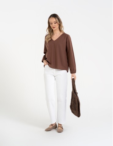 Bluzki z długim rękawem - Bluzka damska lniana casual z długim rękawem BRĄZOWY - produkt 10