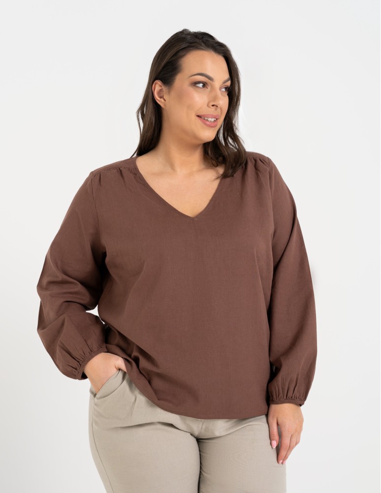 Bluzki z długim rękawem - Bluzka damska lniana casual z długim rękawem BRĄZOWY  - produkt moraj.pl 15
