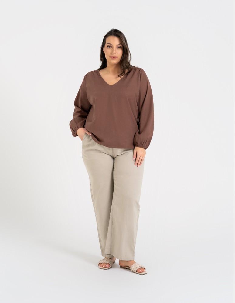 Bluzki z długim rękawem - Bluzka damska lniana casual z długim rękawem BRĄZOWY  - produkt moraj.pl 14