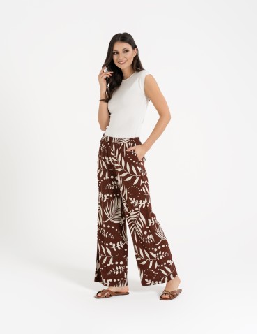 Spodnie damskie wiskozowe 100% z roślinnym wzorem - BRĄZOWE