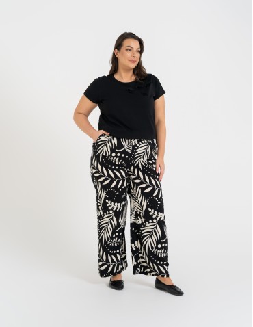 Spodnie materiałowe - Spodnie damskie wiskozowe 100% z roślinnym wzorem CZARNY - produkt 5