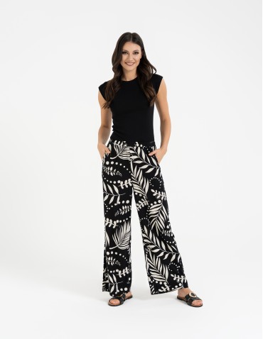 Spodnie damskie wiskozowe 100% z roślinnym wzorem