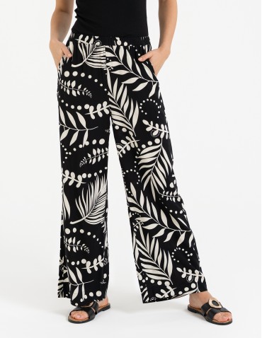 Spodnie materiałowe - Spodnie damskie wiskozowe 100% z roślinnym wzorem CZARNY - produkt 4