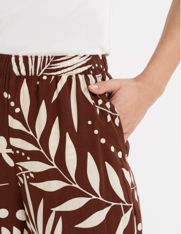 Spodnie damskie wiskozowe 100% z roślinnym wzorem - BRĄZOWE  - produkt 2