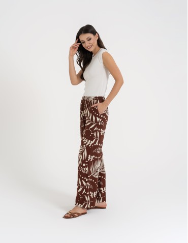 Spodnie materiałowe - Spodnie damskie wiskozowe 100% z roślinnym wzorem BRĄZOWE - produkt 3
