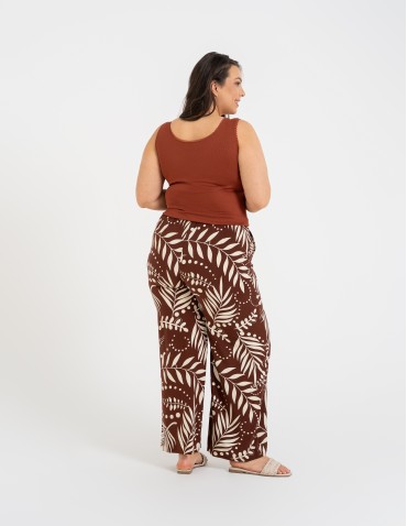 Spodnie materiałowe - Spodnie damskie wiskozowe 100% z roślinnym wzorem BRĄZOWE - produkt 10