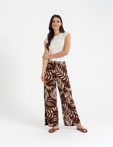 Spodnie materiałowe - Spodnie damskie wiskozowe 100% z roślinnym wzorem BRĄZOWE - produkt 5