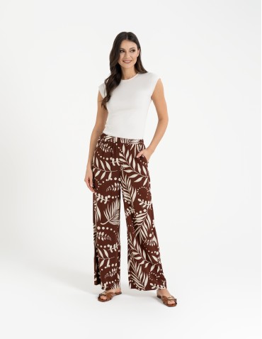 Spodnie materiałowe - Spodnie damskie wiskozowe 100% z roślinnym wzorem BRĄZOWE - produkt 6