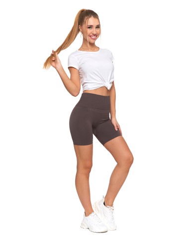 Bezszwowe legginsy kolarki damskie z wysokim stanem w prążek - MOKKA