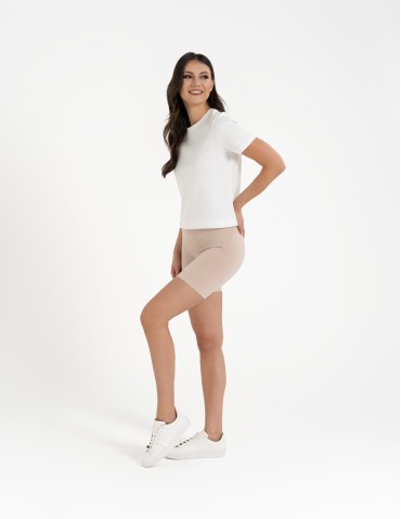 Bezszwowe legginsy kolarki damskie z wysokim stanem w prążek - BEŻOWY