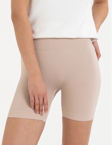 Bezszwowe legginsy kolarki damskie z wysokim stanem w prążek - BEŻOWY - produkt 2