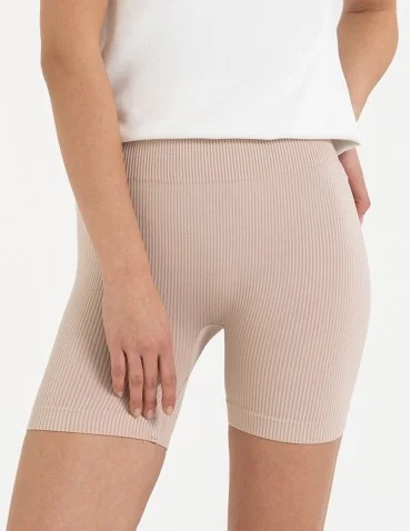 Bezszwowe legginsy kolarki damskie z wysokim stanem w prążek - BEŻOWY  - produkt 2