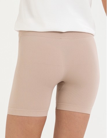 Legginsy damskie - Bezszwowe legginsy kolarki damskie z wysokim stanem w prążek BEŻOWY - produkt 3