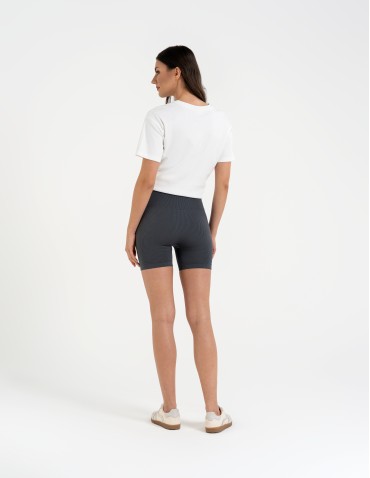 Legginsy damskie - Bezszwowe legginsy kolarki damskie z wysokim stanem w prążek GRAFIT - produkt 4