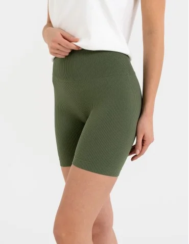 Bezszwowe legginsy kolarki damskie z wysokim stanem w prążek - KHAKI  - produkt 2