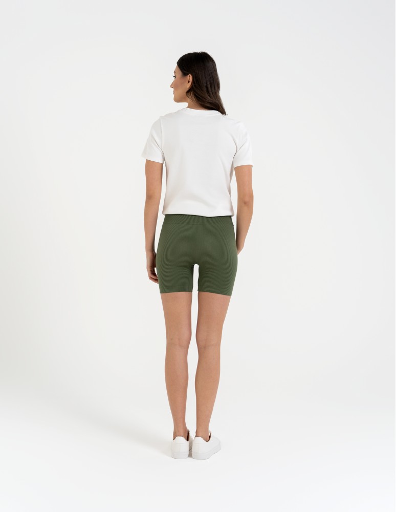 Legginsy damskie - Bezszwowe legginsy kolarki damskie z wysokim stanem w prążek KHAKI  - produkt moraj.pl 4