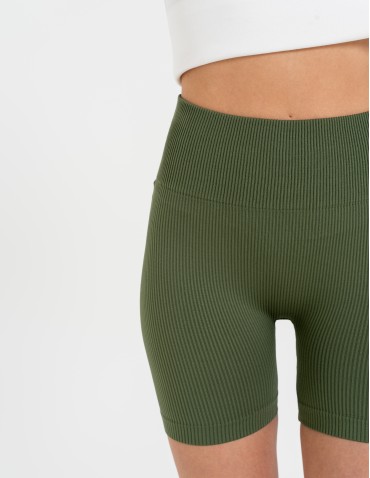Legginsy damskie - Bezszwowe legginsy kolarki damskie z wysokim stanem w prążek KHAKI - produkt 6