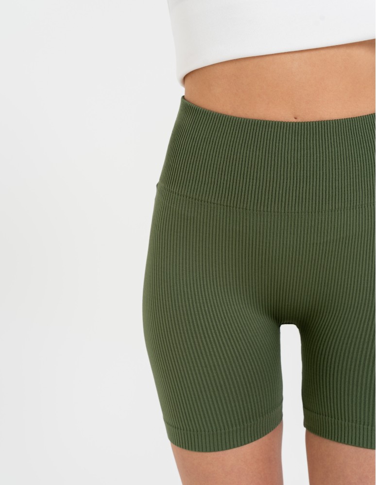 Legginsy damskie - Bezszwowe legginsy kolarki damskie z wysokim stanem w prążek KHAKI  - produkt moraj.pl 6