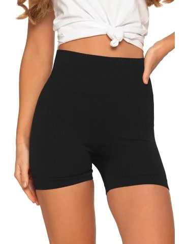Bezszwowe legginsy kolarki damskie z wysokim stanem w prążek - CZARNY  - produkt 2