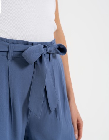 Szorty materiałowe - Spodenki damskie krótkie wiskozowe z wysokim stanem NIEBIESKI - produkt 5