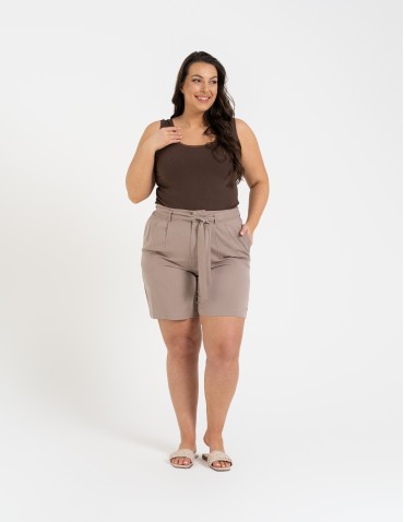 Szorty materiałowe - Spodenki damskie krótkie wiskozowe z wysokim stanem BEŻOWY - produkt 9