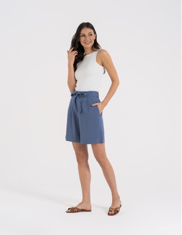 Szorty materiałowe - Spodenki damskie krótkie wiskozowe z wysokim stanem NIEBIESKI - produkt 3