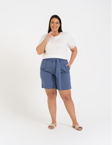 Szorty materiałowe - Spodenki damskie krótkie wiskozowe z wysokim stanem NIEBIESKI - produkt 7