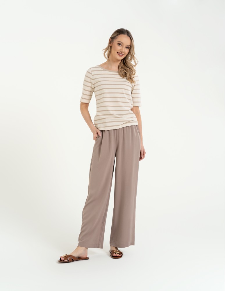 Spodnie materiałowe - Spodnie damskie z wiskozy z szeroką nogawką i kieszeniami BEŻOWY - produkt moraj.pl 1