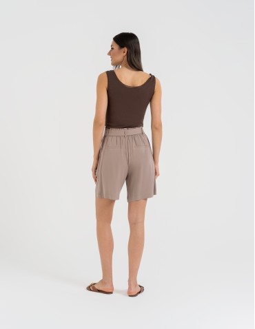 Szorty materiałowe - Spodenki damskie krótkie wiskozowe z wysokim stanem BEŻOWY - produkt 6