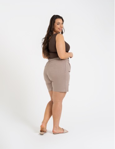 Szorty materiałowe - Spodenki damskie krótkie wiskozowe z wysokim stanem BEŻOWY - produkt 10