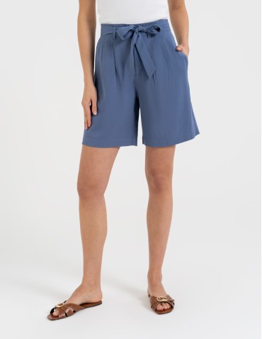 Szorty materiałowe - Spodenki damskie krótkie wiskozowe z wysokim stanem NIEBIESKI - produkt 4